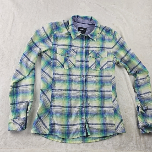 Marmot Small Shirt Women’s Green Blue Plaid button down excellent condition - Picture 1 of 11